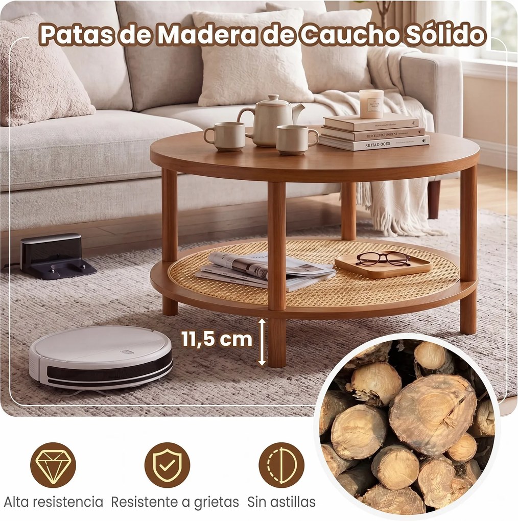 Mesa de Centro Redonda, 80 x 80 x 45 cm, Arrumação em Dois Níveis, Castanho