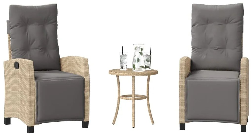 vidaXL 3 pcs conjunto bistrô com almofadões vime PE bege misturado