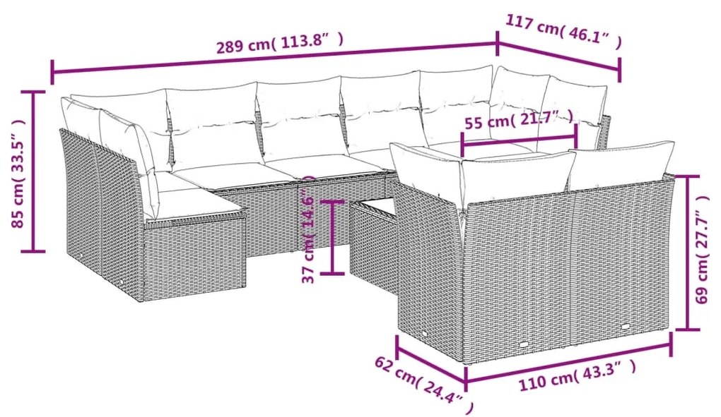 10 pcs conjunto de sofás p/ jardim com almofadões vime PE bege