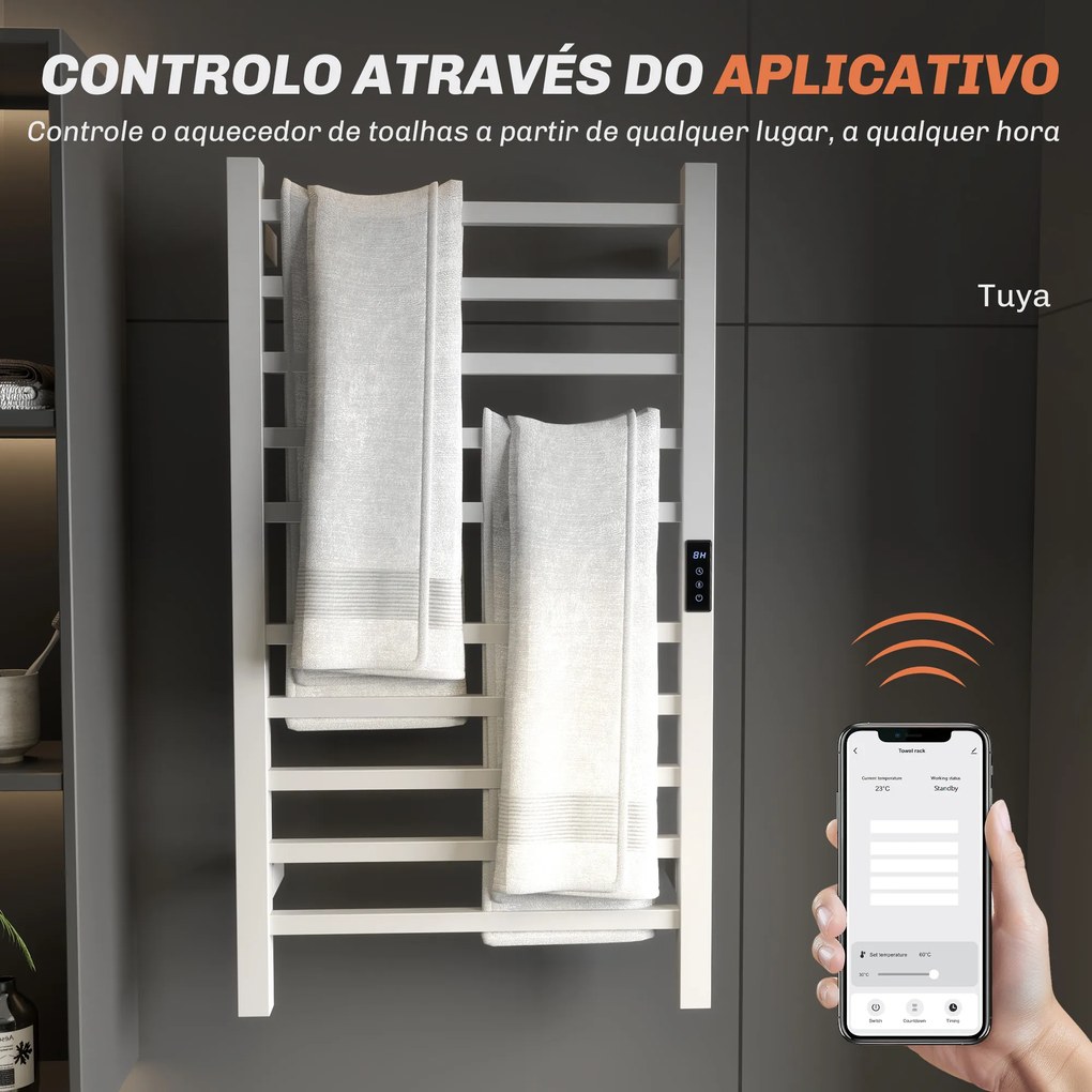 Toalheiro Elétrico de Parede 110W com Controlo WIFI Ecrã Tátil Temporizador 10 Barras Temperatura Ajustável Baixo Consumo IPX4 45x11x80 cm Branco