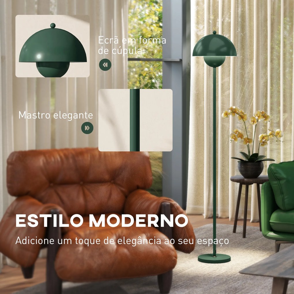Candeeiro de Pé Moderno com Ecrã em Forma de Taça Refletora de Luz Interruptor de Pé Suporte E27 sem Lâmpada Ø35x155 cm Verde