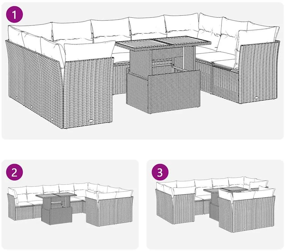 10 pcs conjunto sofás de jardim c/ almofadões vime PE preto
