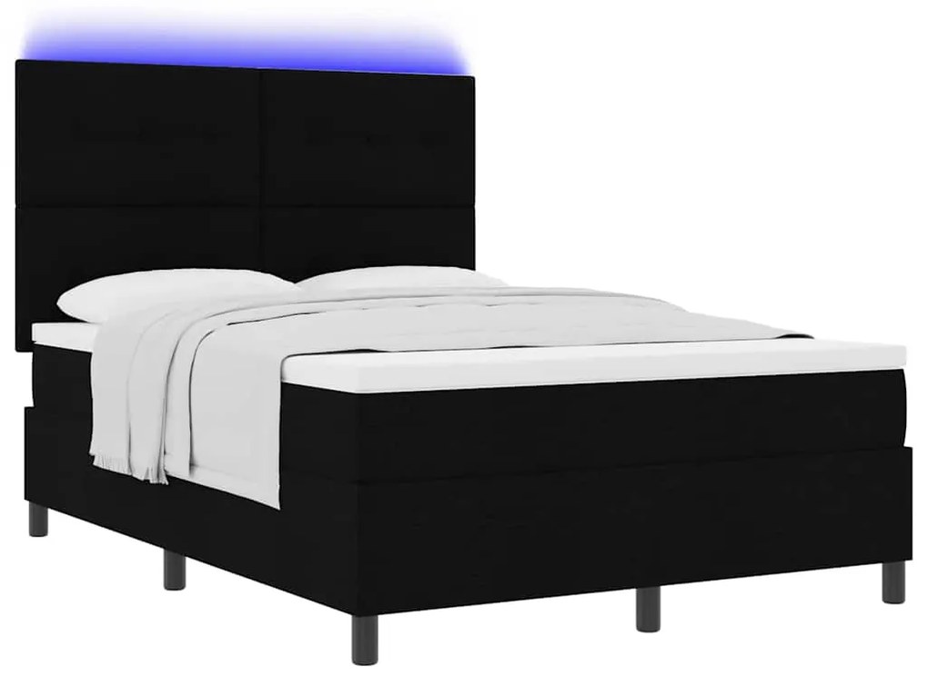 Cama Box com Colchão e Luz LED Preta, 140 x 200 cm, Estrutura em Tecid