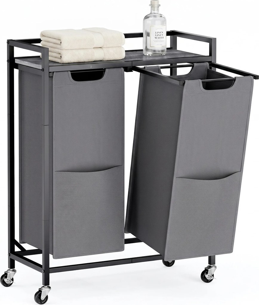 Cesto da roupa suja com 2 compartimentos 63 x 32 x 93 cm, carrinho com prateleira e bolsos preto-cinzento