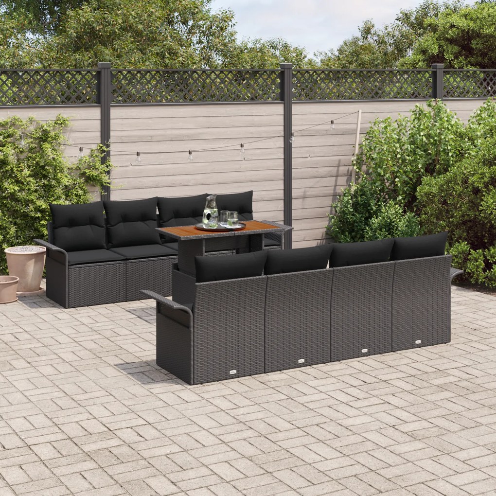 Conjunto de Sofás de Jardim vidaXL de 9 Peças com Almofadas Preto Ratt