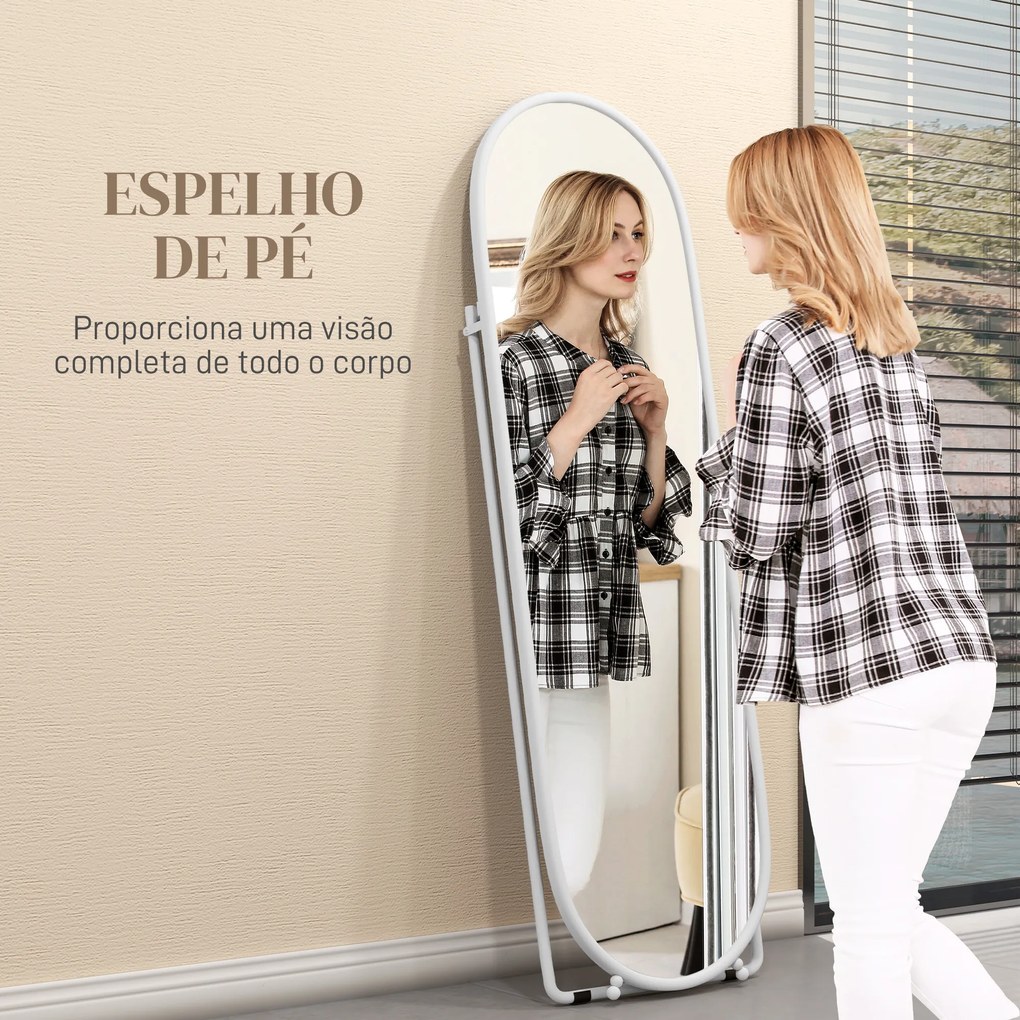 Espelho de Pé Oval 160x40 cm Espelho de Corpo Inteiro com Moldura Metálica Suporte e 2 Formas de Utilização Branco