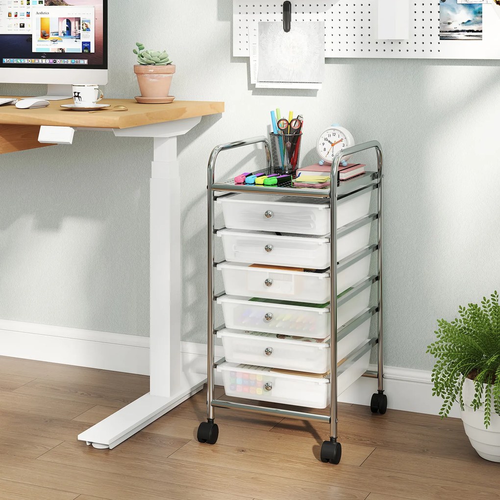 Carrinho de Armazenamento com 6 Gavetas, 33 x 38 x 66 cm, Rodas Giratórias com Travão, Branco