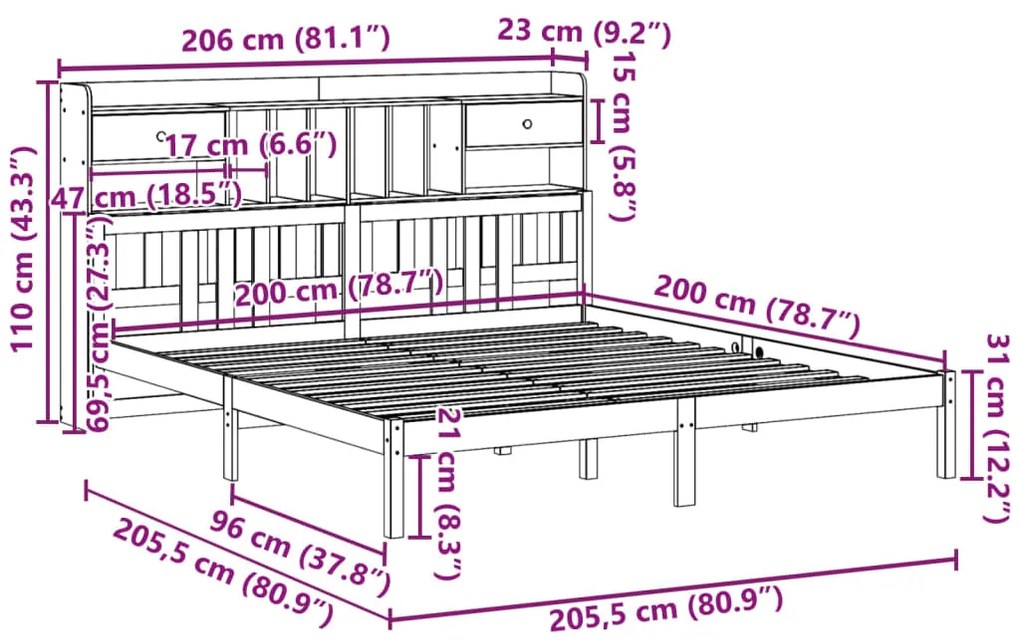 Cama com estante sem colchão 200x200 cm pinho maciço branco