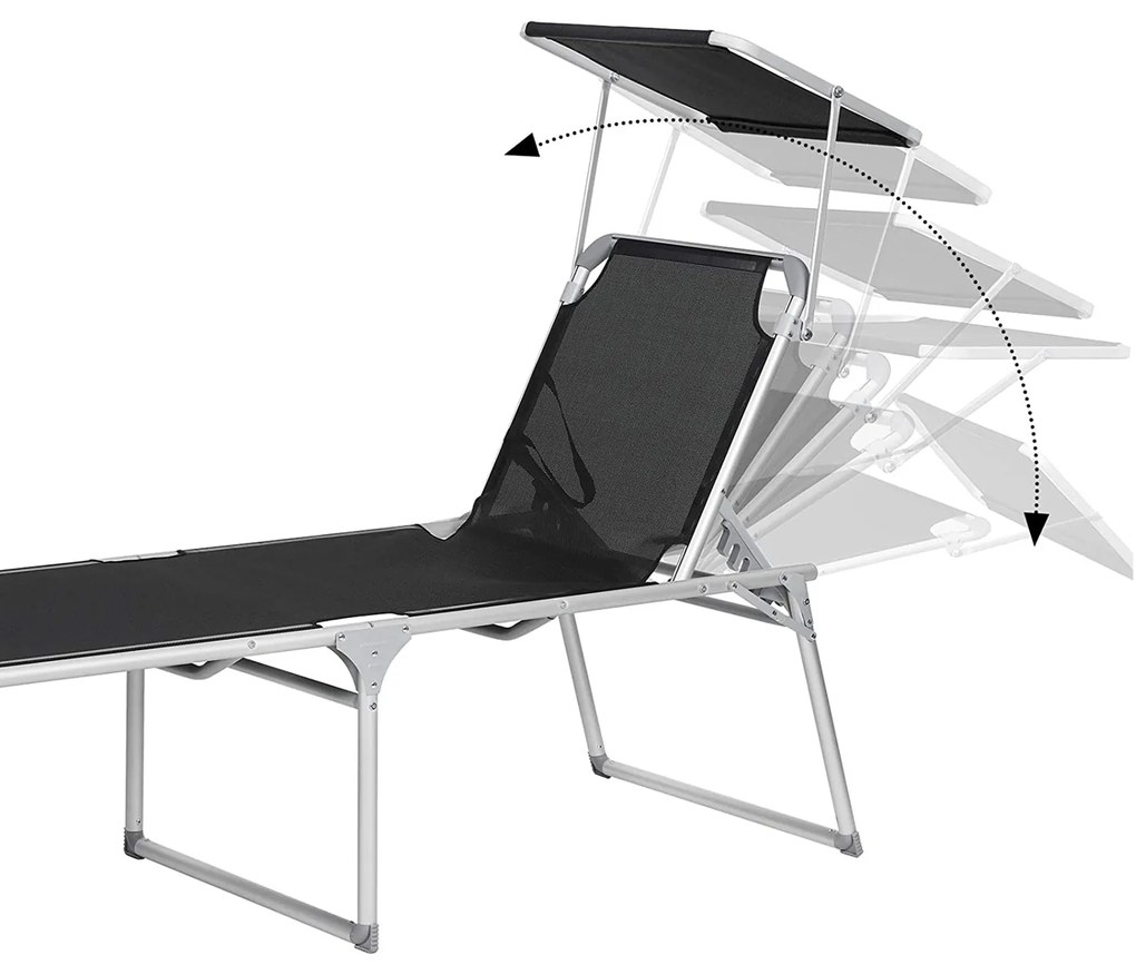 Espreguiçadeira jardim grande XXL 65 x 200 x 48 cm carga até 150 kg com pala de sol Preta