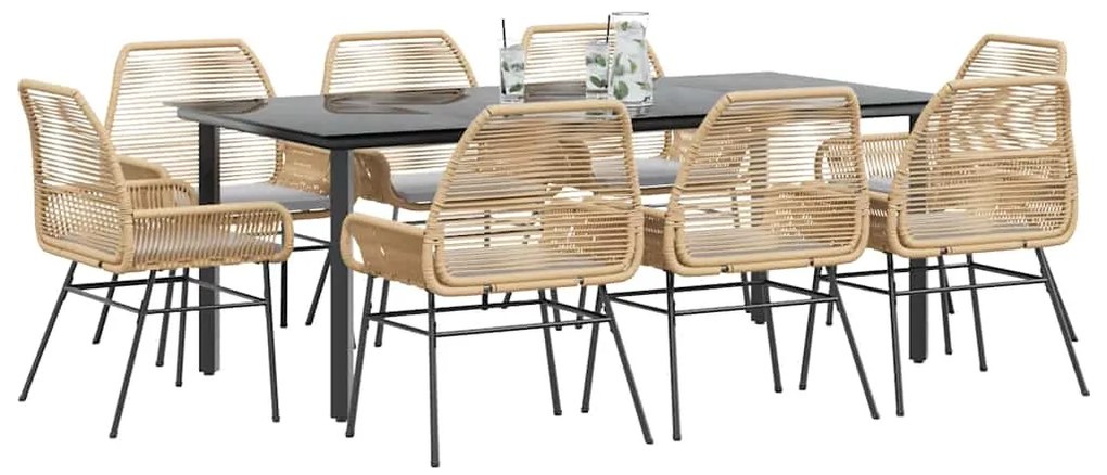 Conjunto jantar jardim 9 peças almofadas vidro vime PE castanho