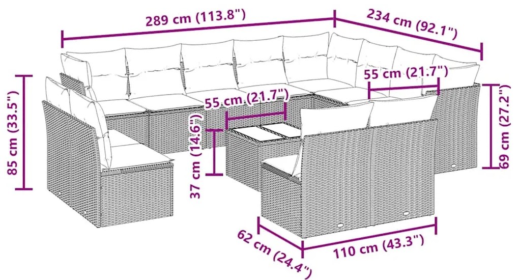 13 pcs conj. sofás jardim c/ almofadões vime PE cinzento-claro