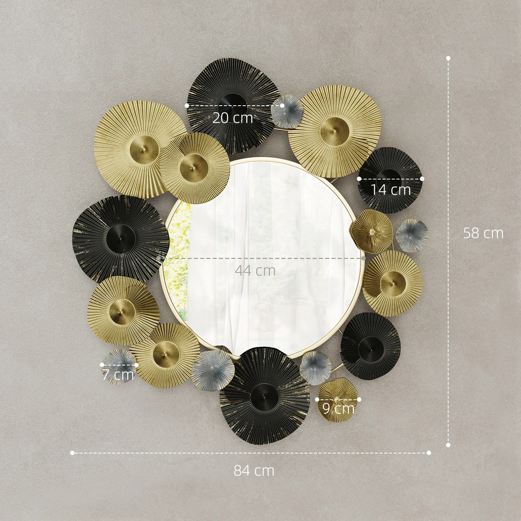Espelho Decorativo de Parede Metálico para Sala Quarto Corredor 84x84 cm Dourado e Preto