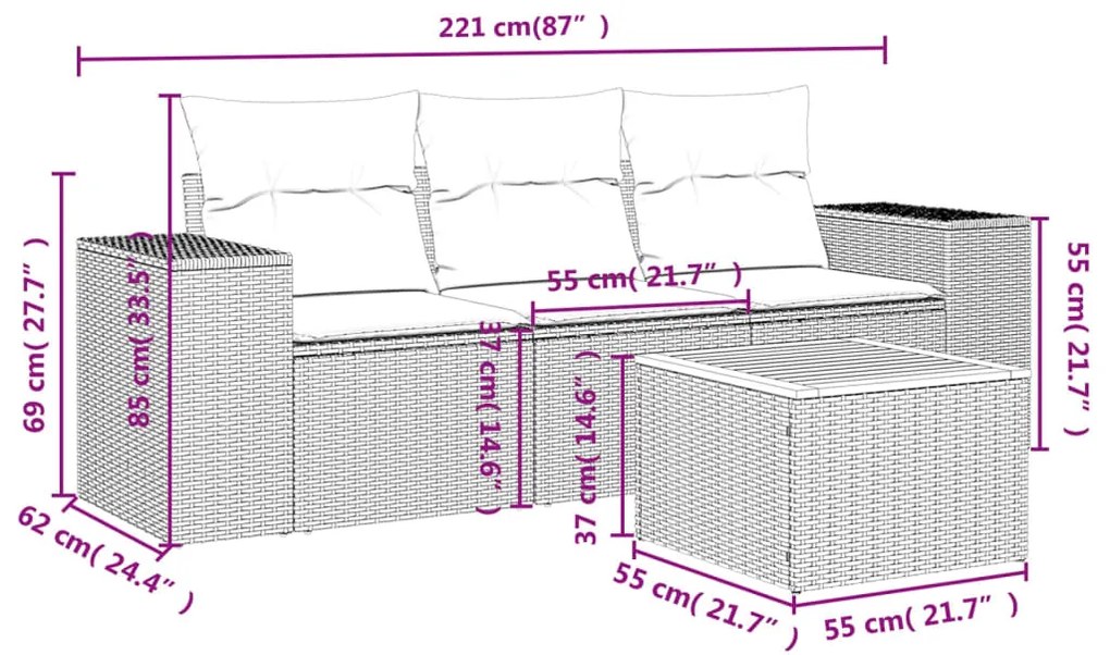 4 pcs conjunto sofás de jardim c/ almofadões vime PE cinzento