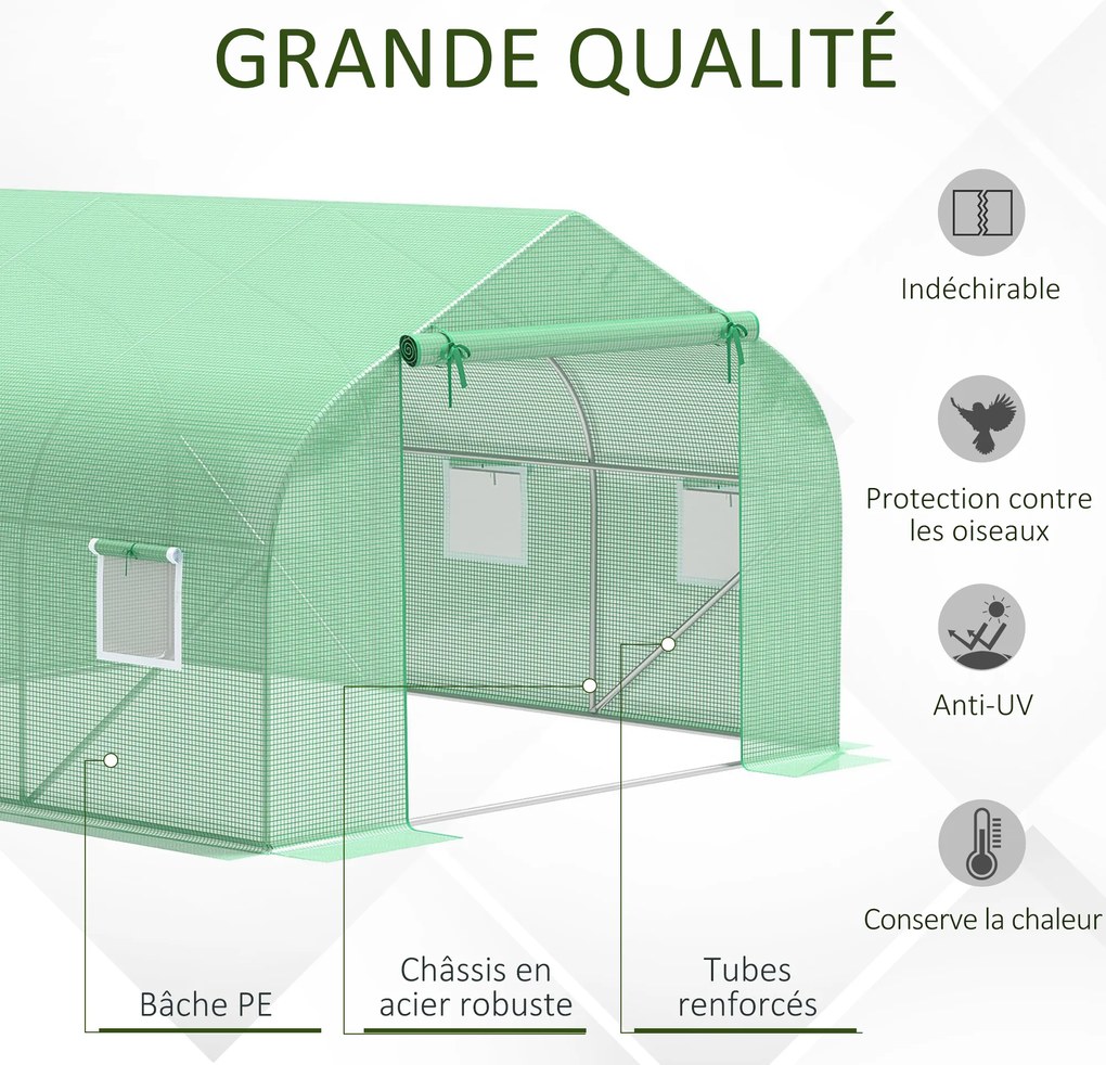 Estufa tipo túnel para jardim, 10,5 m², dimensões: 3,5 m (L) x 3 m (C) x 2 m (A), porta + 6 janelas enroláveis, aço galvanizado, lona de PE de alta de
