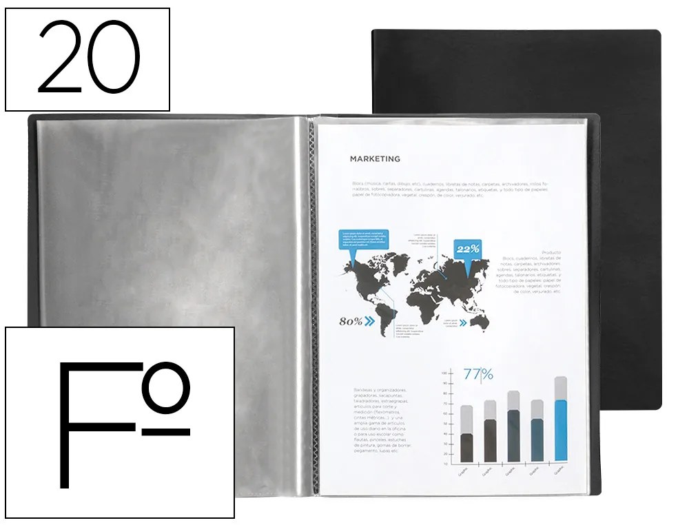 Portfólio com Espiral 20 Bolsas Polipropileno Folio Preto