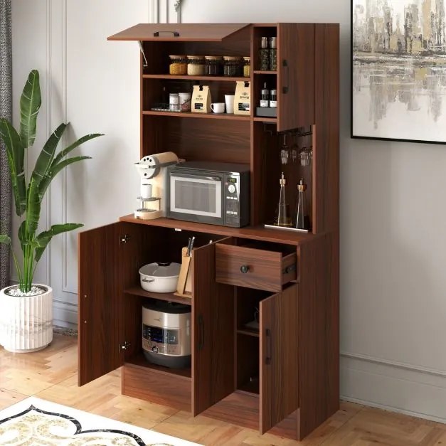 Armário para cozinha com 2 tomadas, 1 porta USB e 1 porta tipo C, gaveta e prateleiras ajustáveis 90 x 39 x 167 cm Cor Nogueira