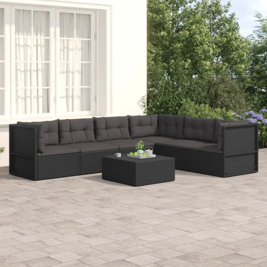 vidaXL 6 pcs conjunto lounge de jardim c/ almofadões vime PE preto