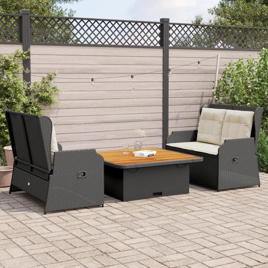 vidaXL 3 pcs conjunto lounge de jardim c/ almofadões vime PE preto