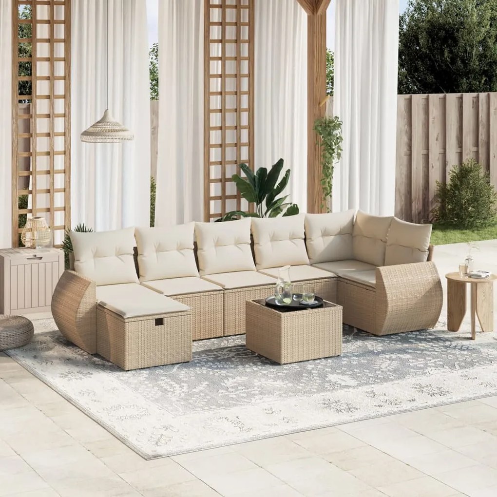 8 pcs conjunto de sofás p/ jardim com almofadões vime PE bege