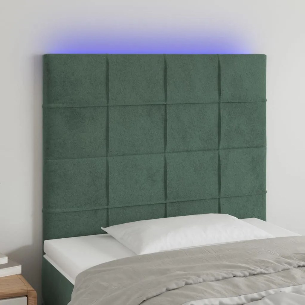 Cabeceira de cama c/ LED veludo 90x5x118/128 cm verde-escuro