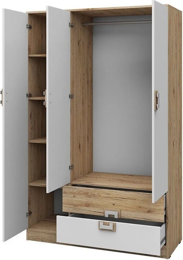 Roupeiro Tolfere 103, Branco, Carvalho claro, 190x120x50cm, 91.59 kg, Portas para roupeiro: Com dobradiças, Número de prateleiras: 4, Número de prateleiras: 4