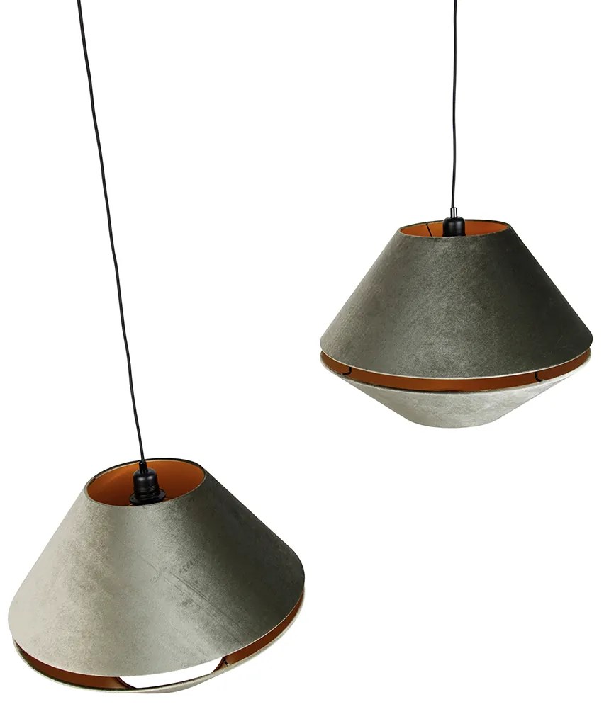 Candeeiro suspenso preto com abajur de veludo duplo verde com interior dourado 2 luzes - Cava Luxe Clássico / Antigo