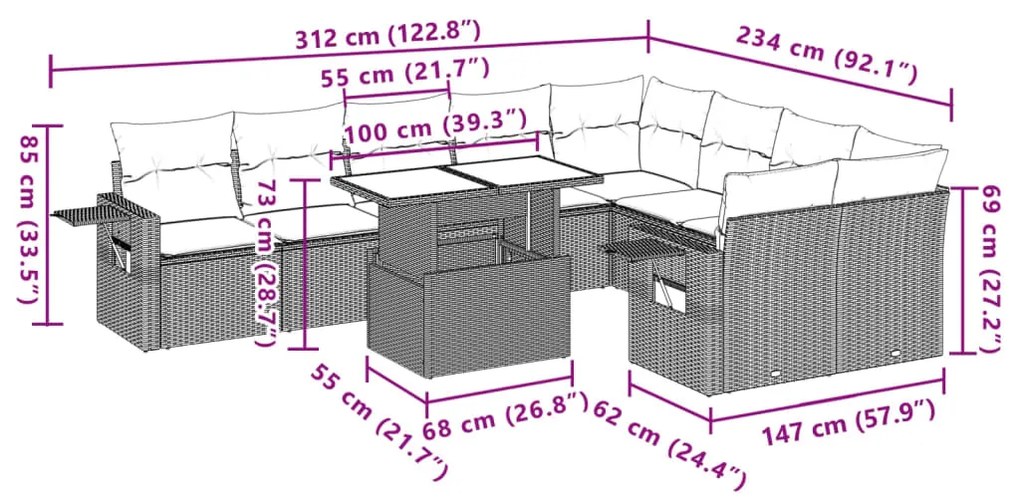 10 pcs conj. sofás jardim com almofadões vime PE cinzento-claro