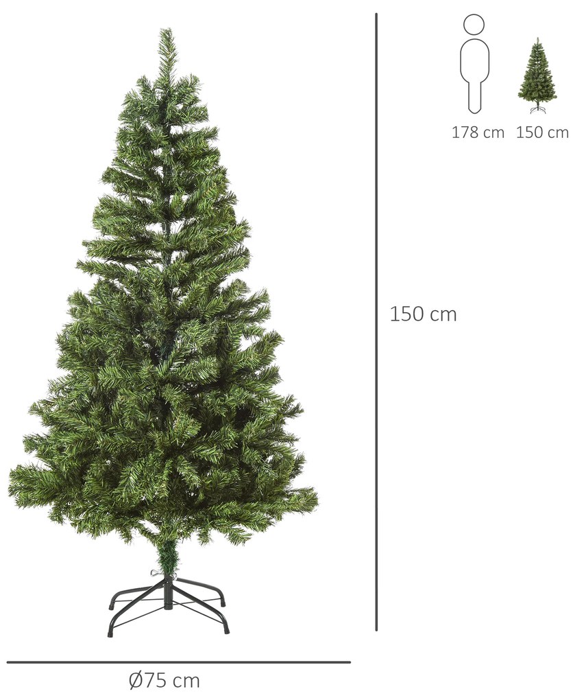 HOMCM Árvore de Natal artificial pré-iluminada com dobradiças 150cm com decoração e suporte de luz LED