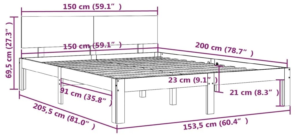 Estrutura de cama king 150x200 cm madeira maciça preto