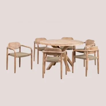 Conjunto De Mesa Redonda (ø120 Cm) E 6 Cadeiras De Jardim Com Braços Em Madeira Naele Castanho Trigo - Sklum