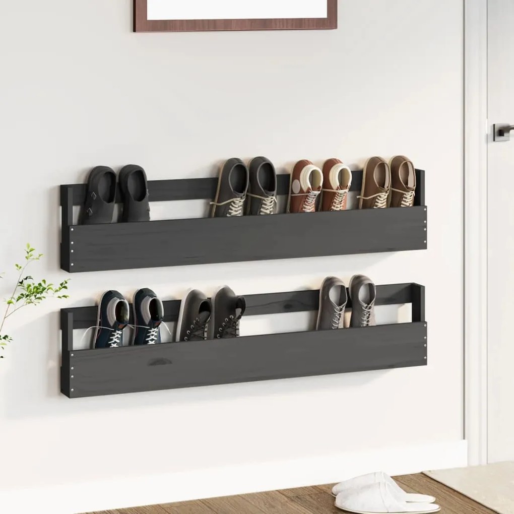822523 vidaXL Sapateiras de parede 2 pcs 110x9x23 cm pinho maciço cinzento