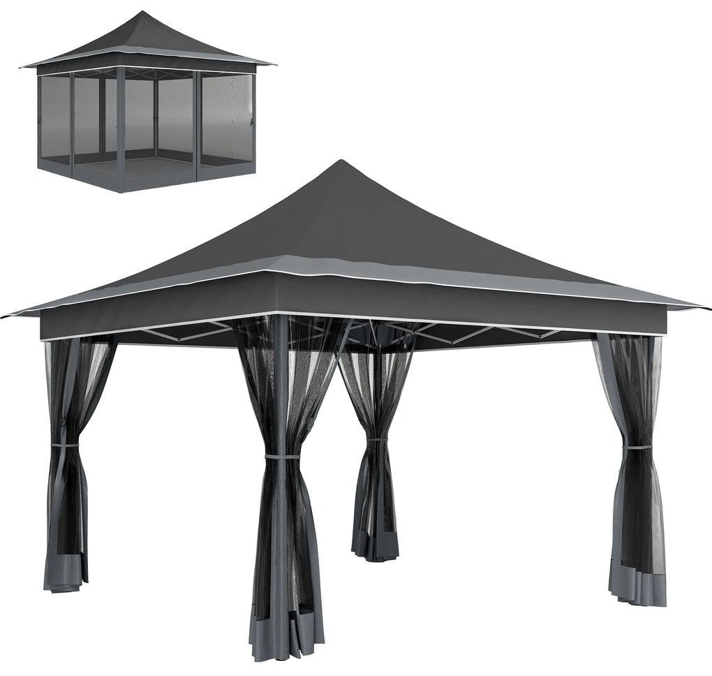 Outsunny Tenda Dobrável 3,5x3,5 m Tenda de Jardim para Eventos com Altura Ajustável 4 Redes Mosquiteiras Proteção UV50+ e Bolsa de Transporte Cinzento Escuro | AOSOM Portugal