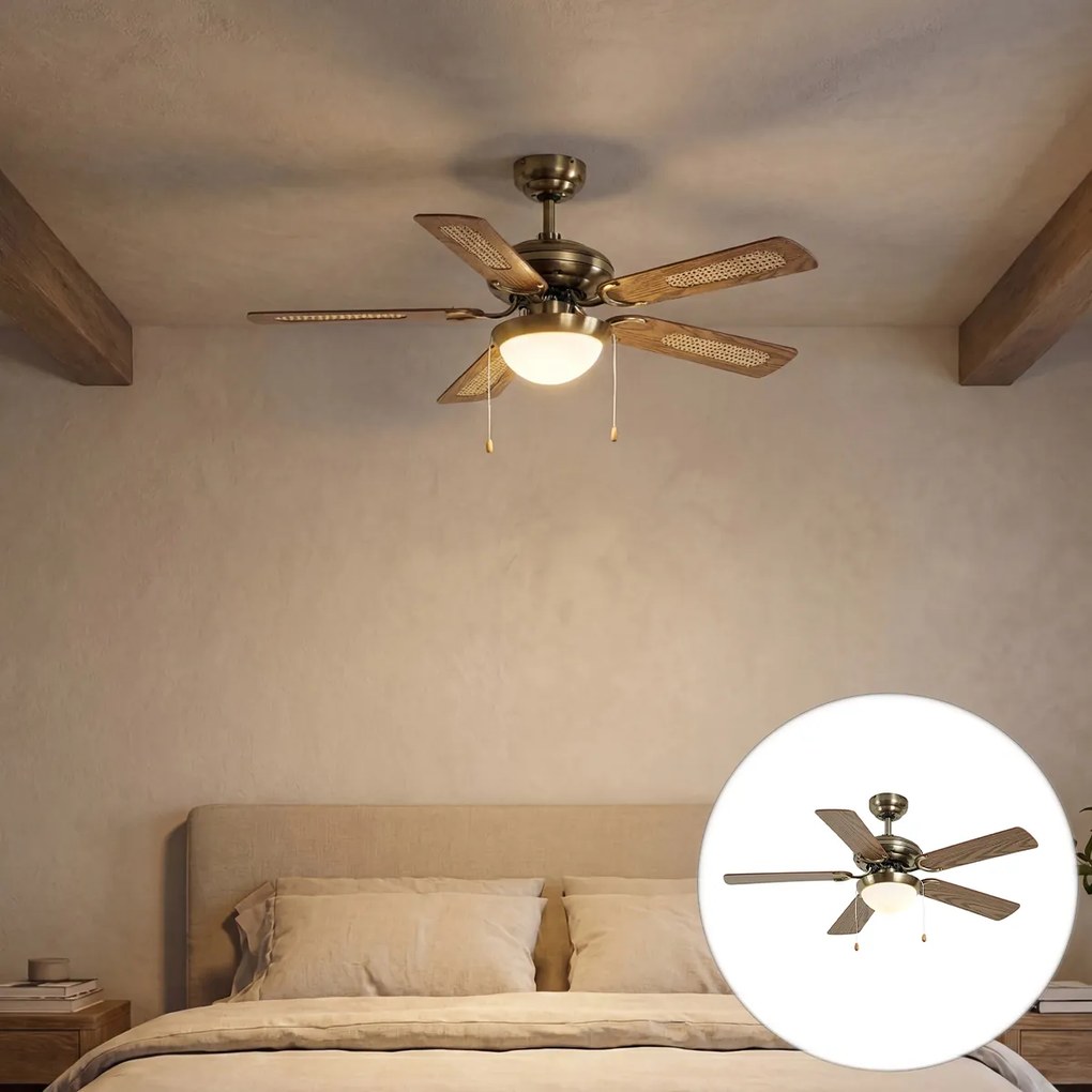 Ventilador de teto latão com impressão de madeira e rattan 105cm com interruptor de tração - Mistral Majas