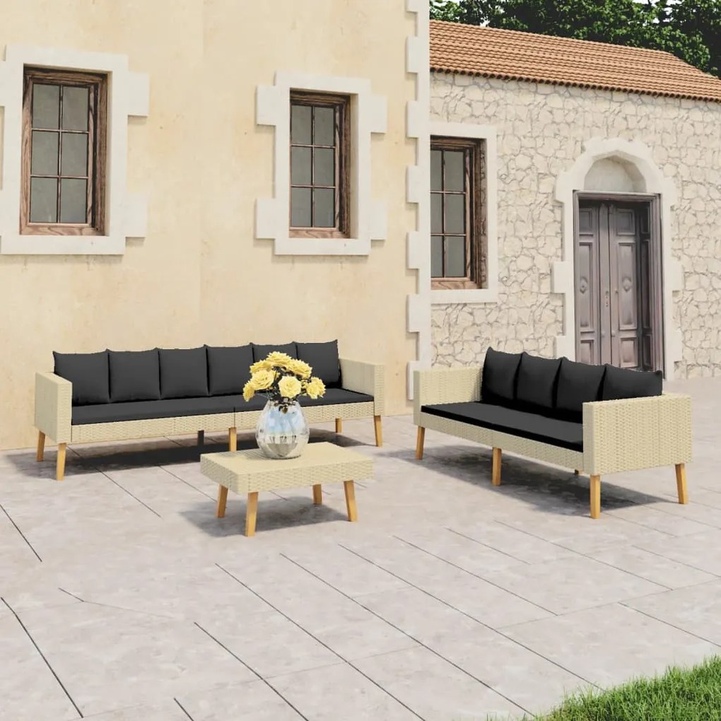 vidaXL 3 pcs conjunto lounge de jardim c/ almofadões vime PE bege