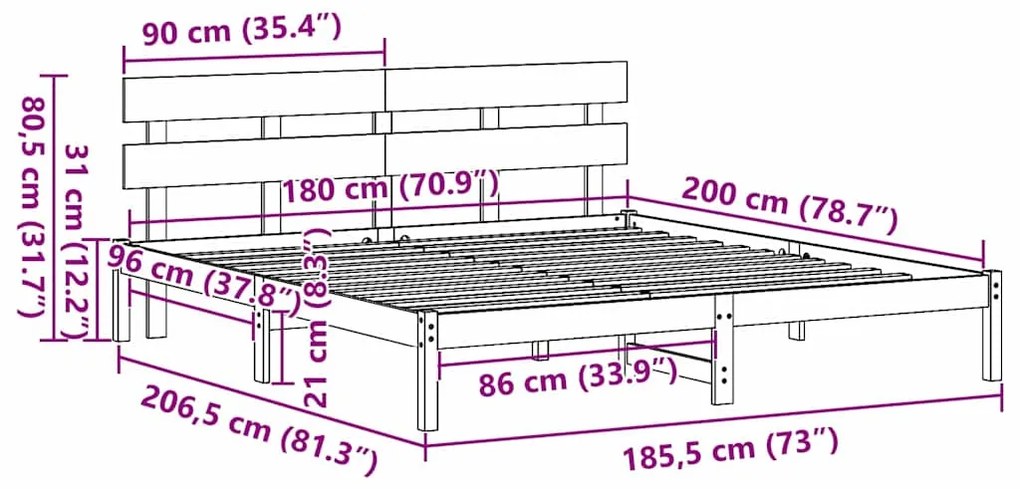 Estrado de Cama com Cabeceira Branco 180x200 cm Madeira Sólida de Pinh