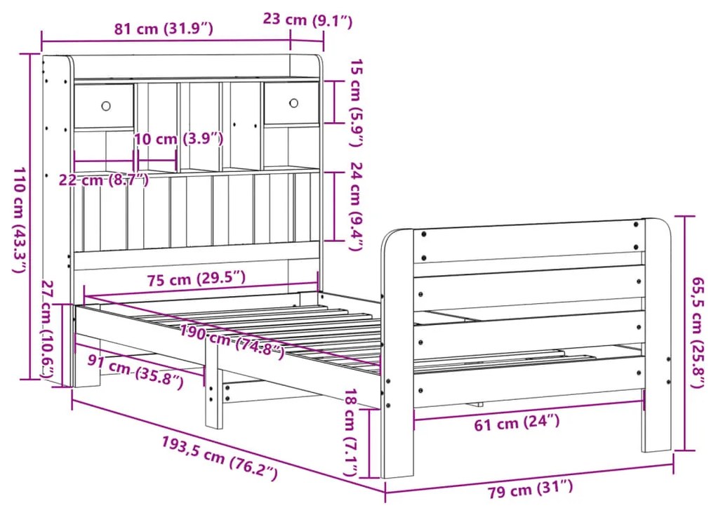 Cama com estante sem colchão 75x190 cm pinho maciço branco