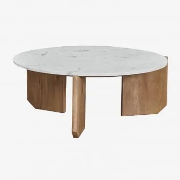 Round Coffee Table In Natural Stone And Mango Wood Lavinia Mármore Branco Banswara & Madeira De Manga & Ø85 Cm - Sklum