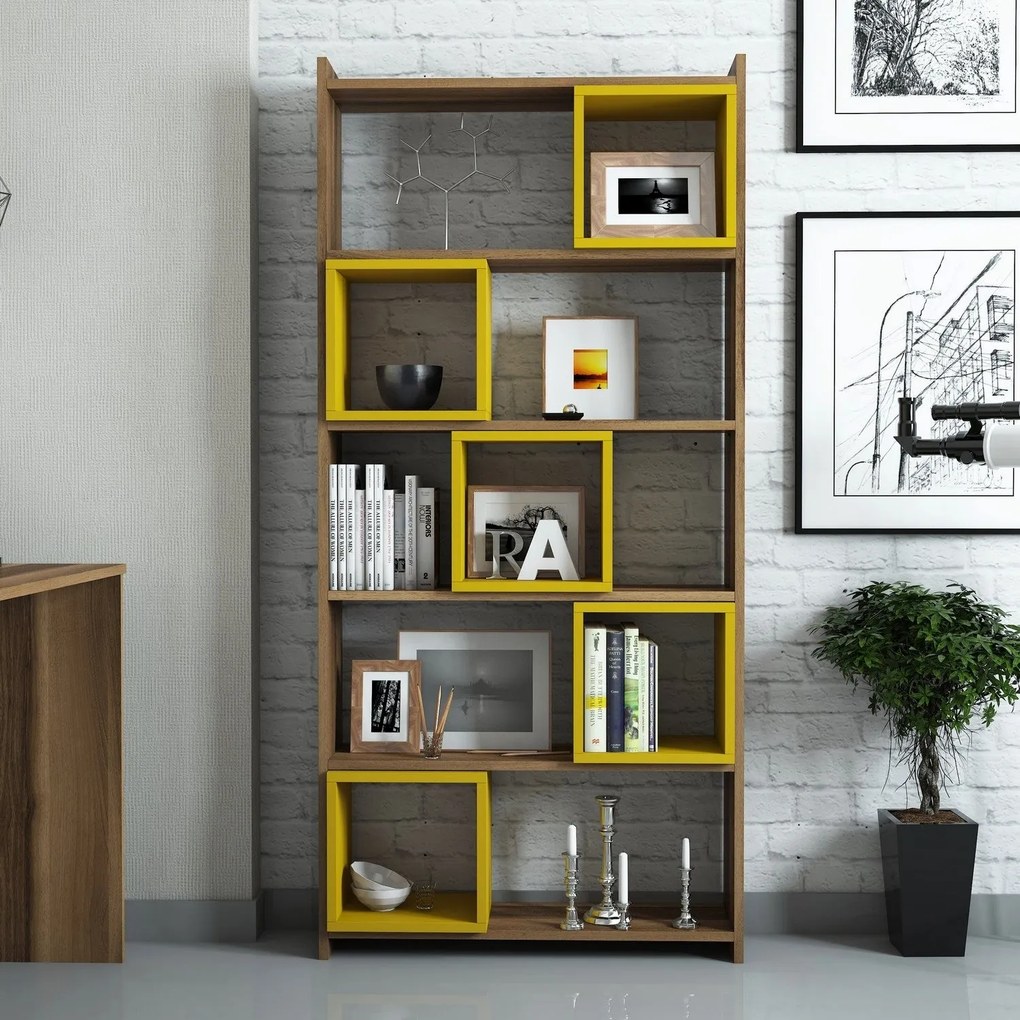 Estante Box – Nogueira e Amarelo – 80x170x22 cm