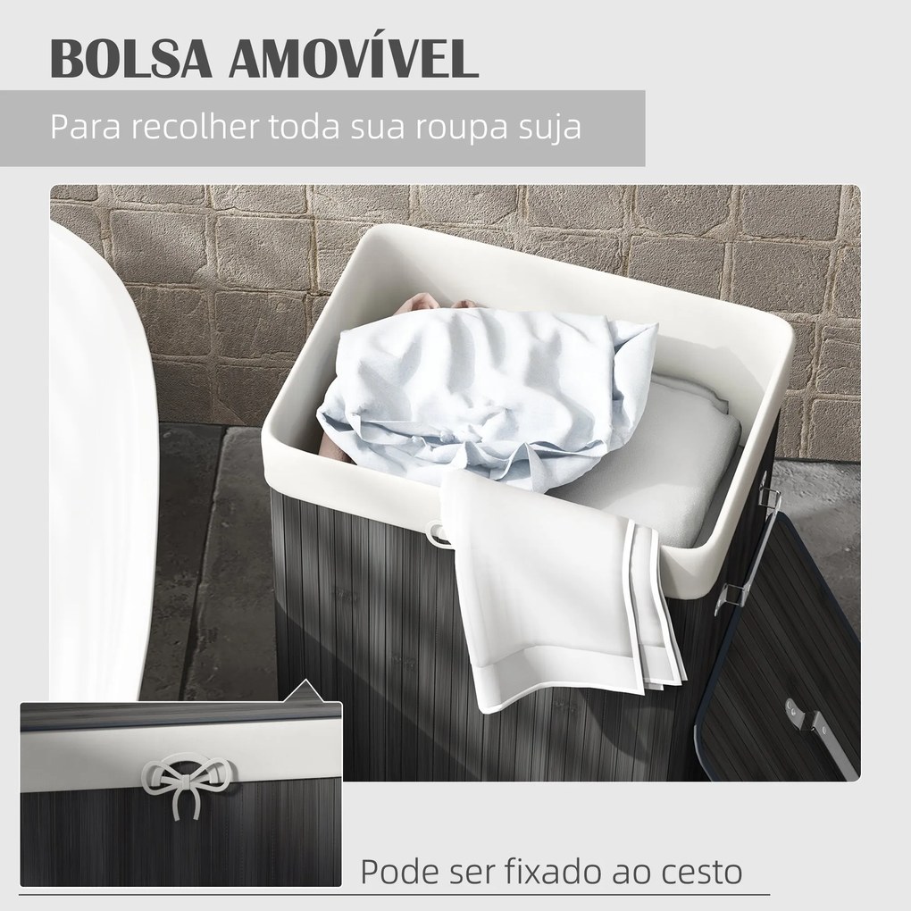 HOMCOM Cesto de Roupa de Bambu Dobrável Cesto para Roupa Suja com Tamp