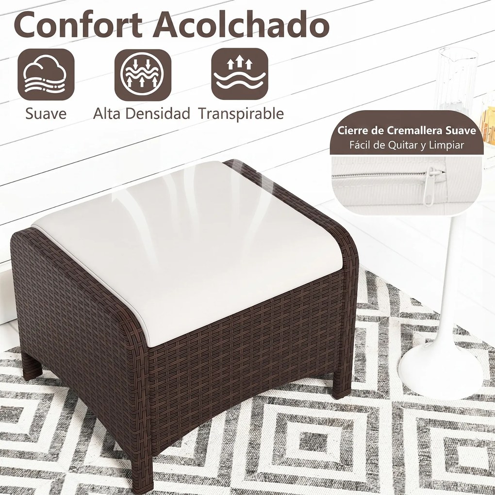 Conjunto de 2 Pufes Retangulares Jardim, 54 x 46 x 39,5 cm, Almofadas Removíveis, Branco e castanho
