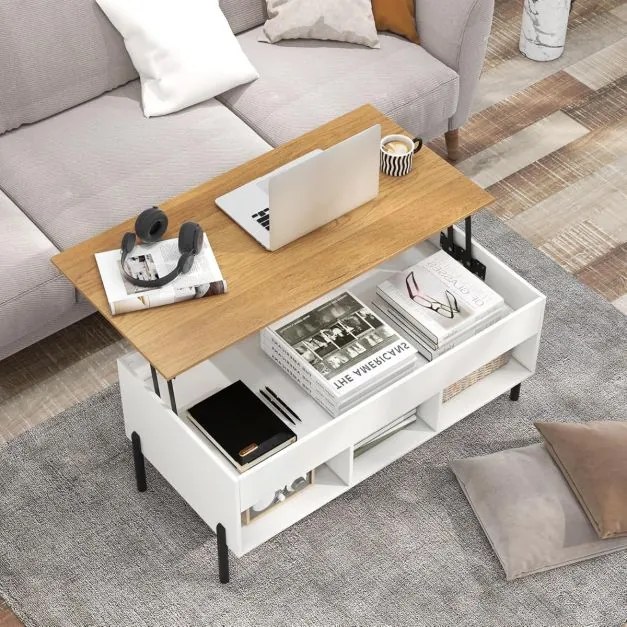 Mesa de centro 100 x 50 x 45 cm elevável com tampo ajustável, amplo compartimento oculto e 3 espaços abertos com pernas de metal branca