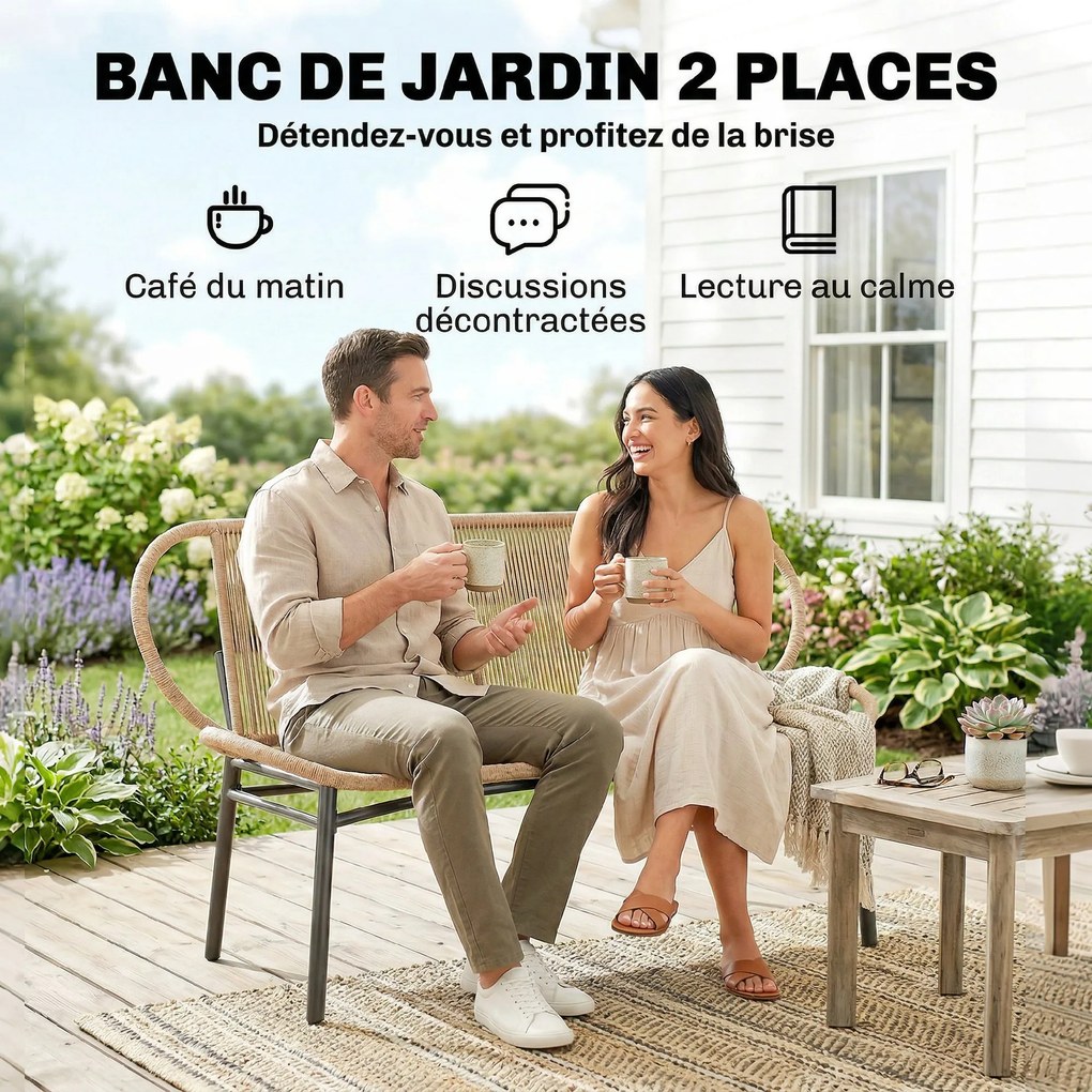 Banco de jardim de 2 lugares, 138C x 62L x 83A cm em resina trançada com estrutura metálica, resistente às intempéries, cor natural
