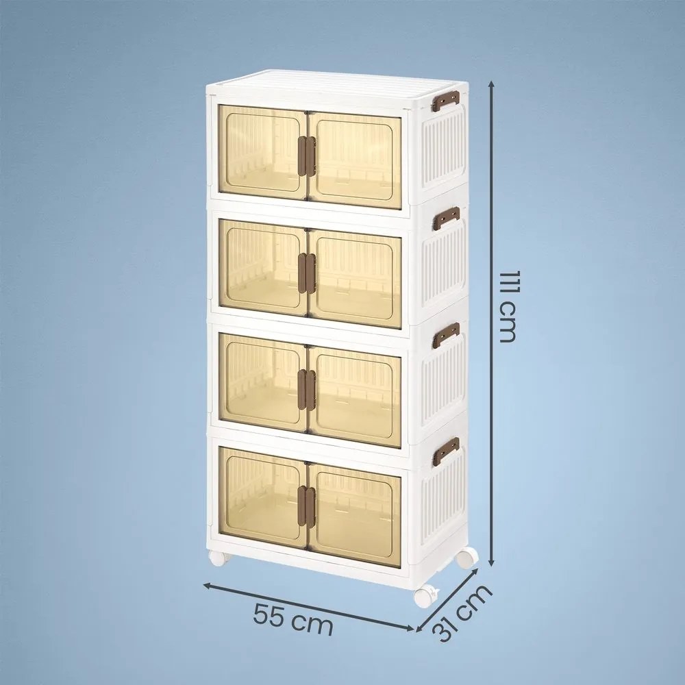 Caixas com tampa Organizador com rodas, 4 níveis, 31 x 55 x 111 cm Branco-castanho transparente