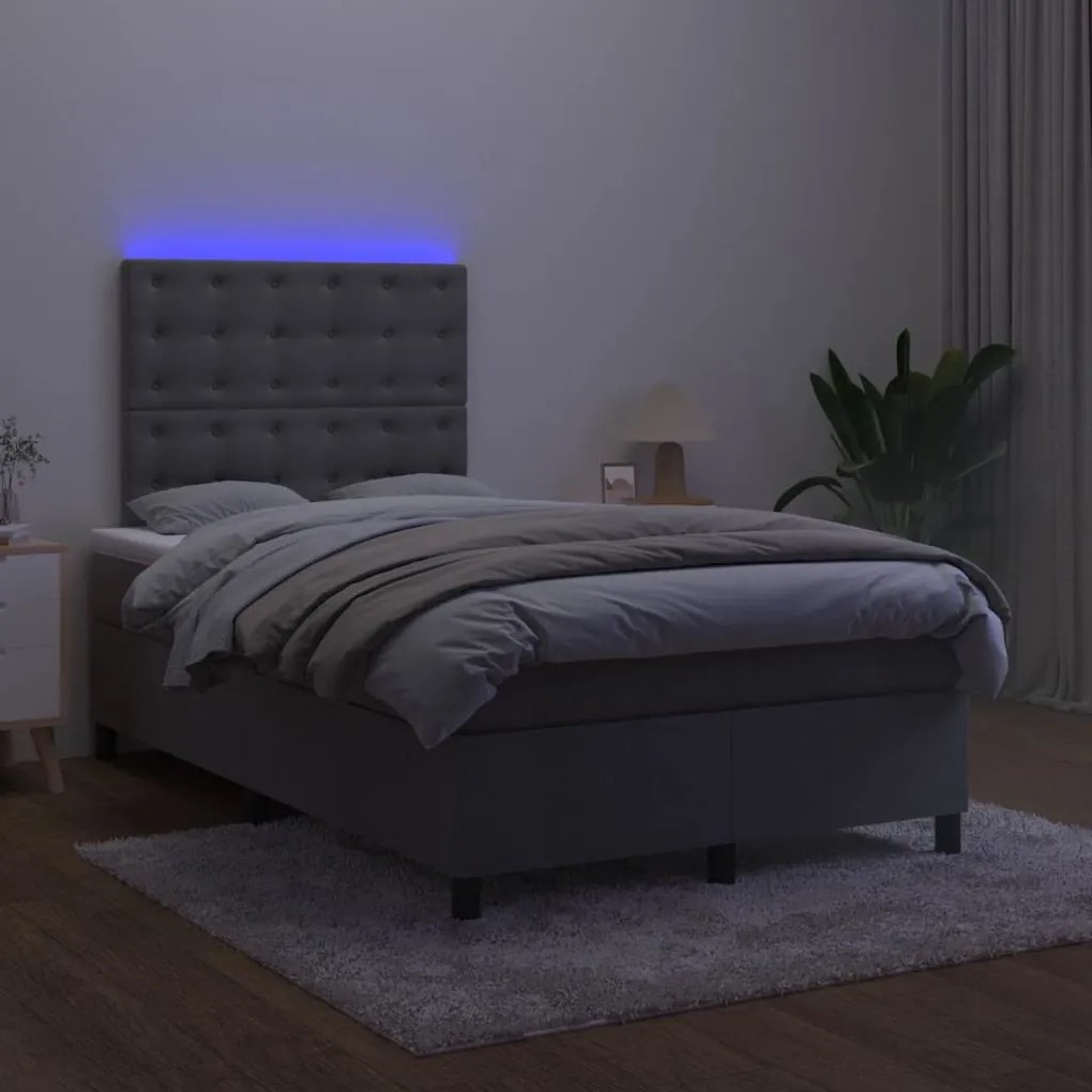 Cama box spring colchão LED 120x190cm couro artif. cinza-escuro
