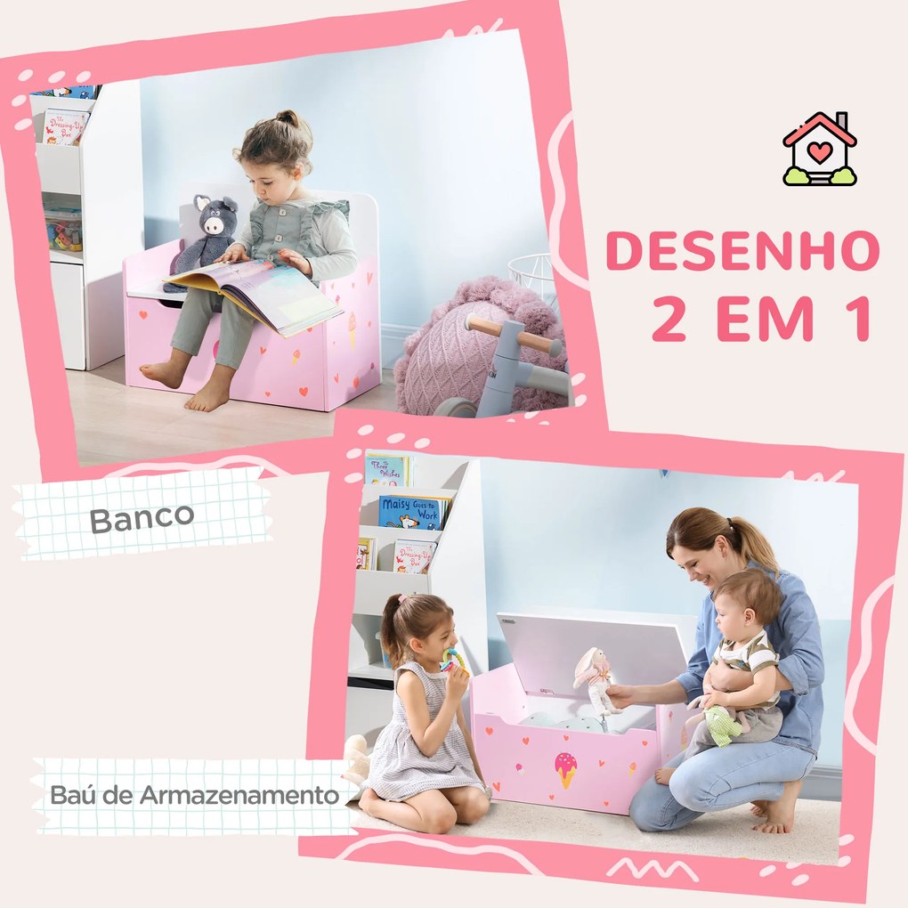 Baú Infantil 2 em 1 Baú de Armazenamento Organizador de Brinquedos para Crianças acima de 18 Meses com Tampa de Fechamento Seguro para Dormitório Sala