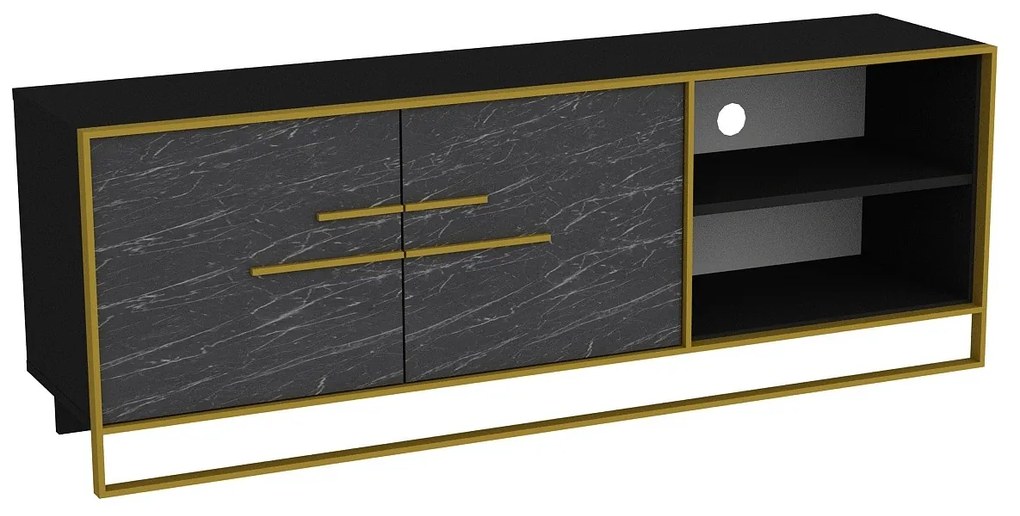 Móvel TV SIENA, bilaminado mármore preto com metal dourado, 160 cms