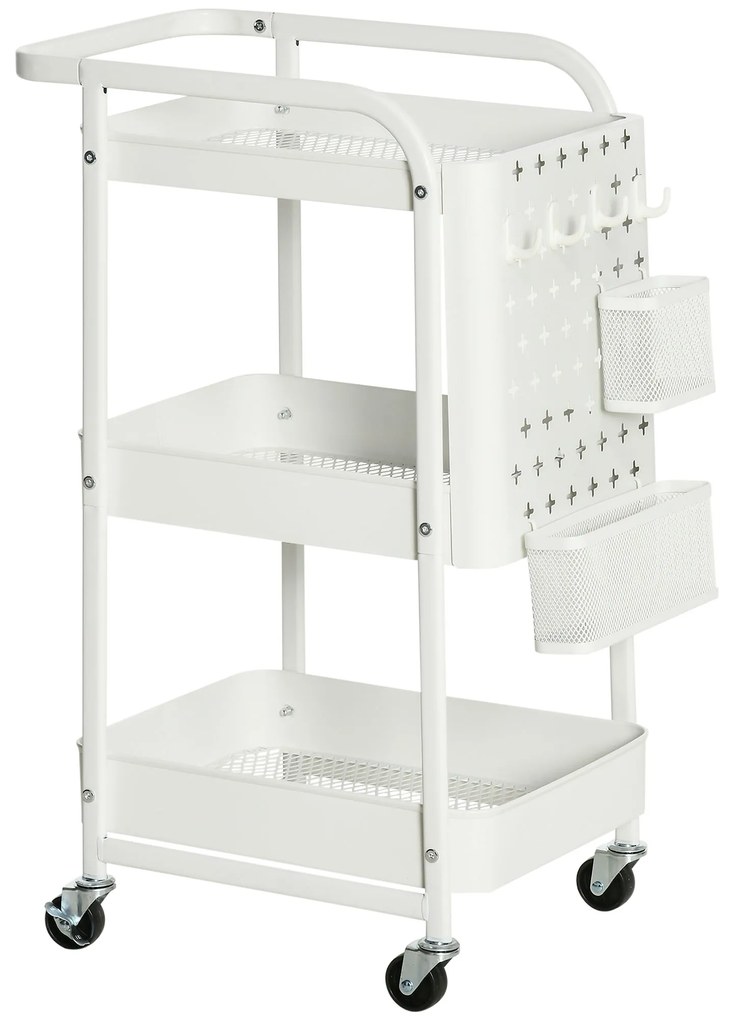 HOMCOM Carrinho Cozinha Multifuncional com Rodas 3 Níveis 4 Ganchos 2 Cestas Alça Design Elegante 51,5x32x75,6cm Branco | Aosom Portugal