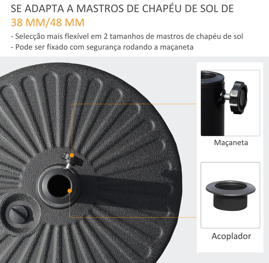 Outsunny Base de Chapéu de Sol de Jardim Recarregável de Água 22kg Suporte de Chapéu de Sol Redondo para Mastros de 38mm/48mm Portátil para Terraço Pátio Ø51x28cm Preto