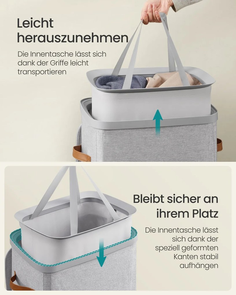 Cesto para roupa suja prático com compartimentos e tampa 56 x 40 x 75 cm cinzento