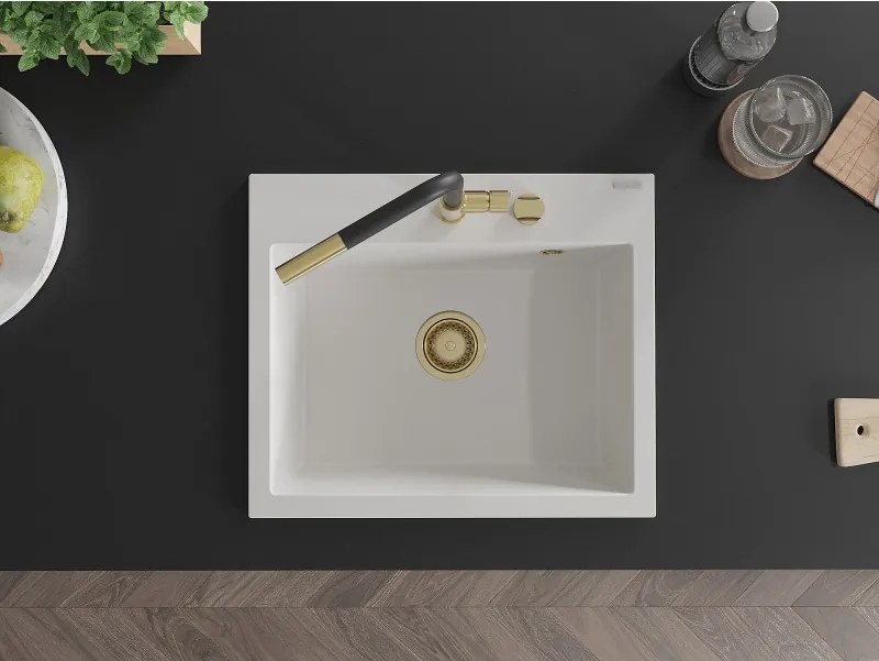 Mexen Oscar lava-loiça em granito de 1 cuba 580 x 490 mm, branco, sifão dourado - 6519581000-20-G